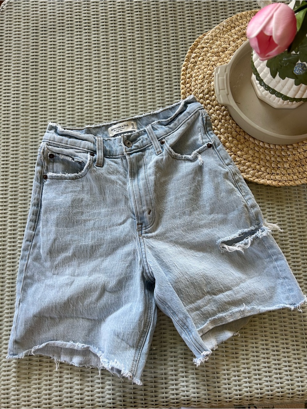 Abercrombie & Fitch Light Wash Distressed Denim Shorts